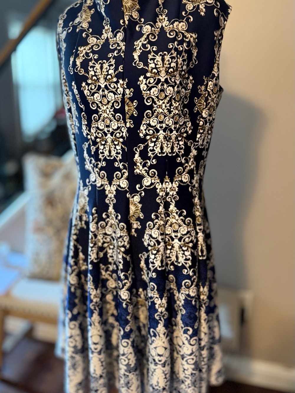Danny & Nicole Navy and Cream Baroque Midi Dress